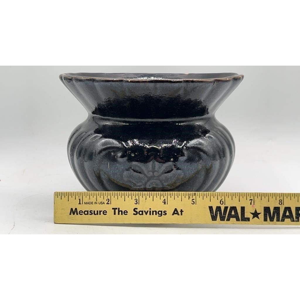 VTG Glazed Stoneware Spittoon Floral Pattern 7" Dark Glaze w/ Repair