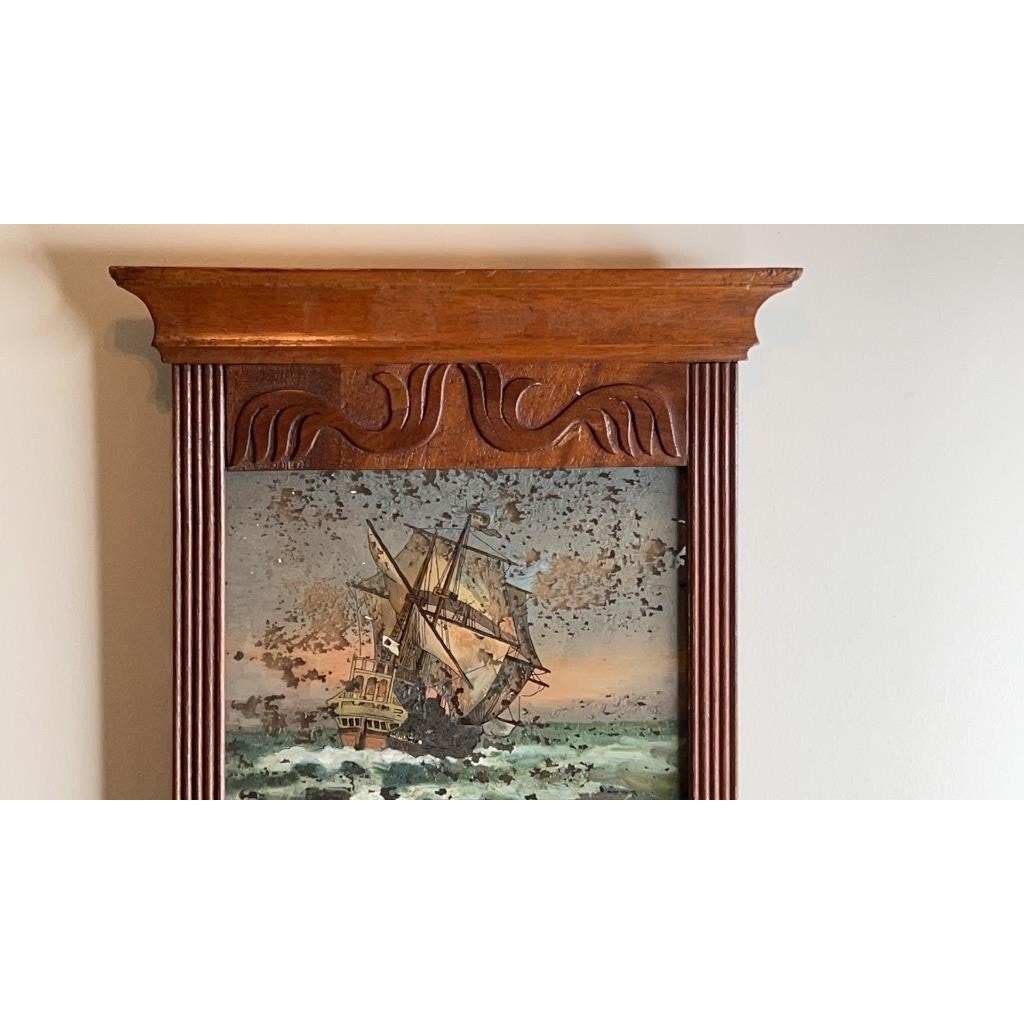 Antique Federal Mahogany Tabernacle Mirror w/ Mayflower Reverse Glass Painting