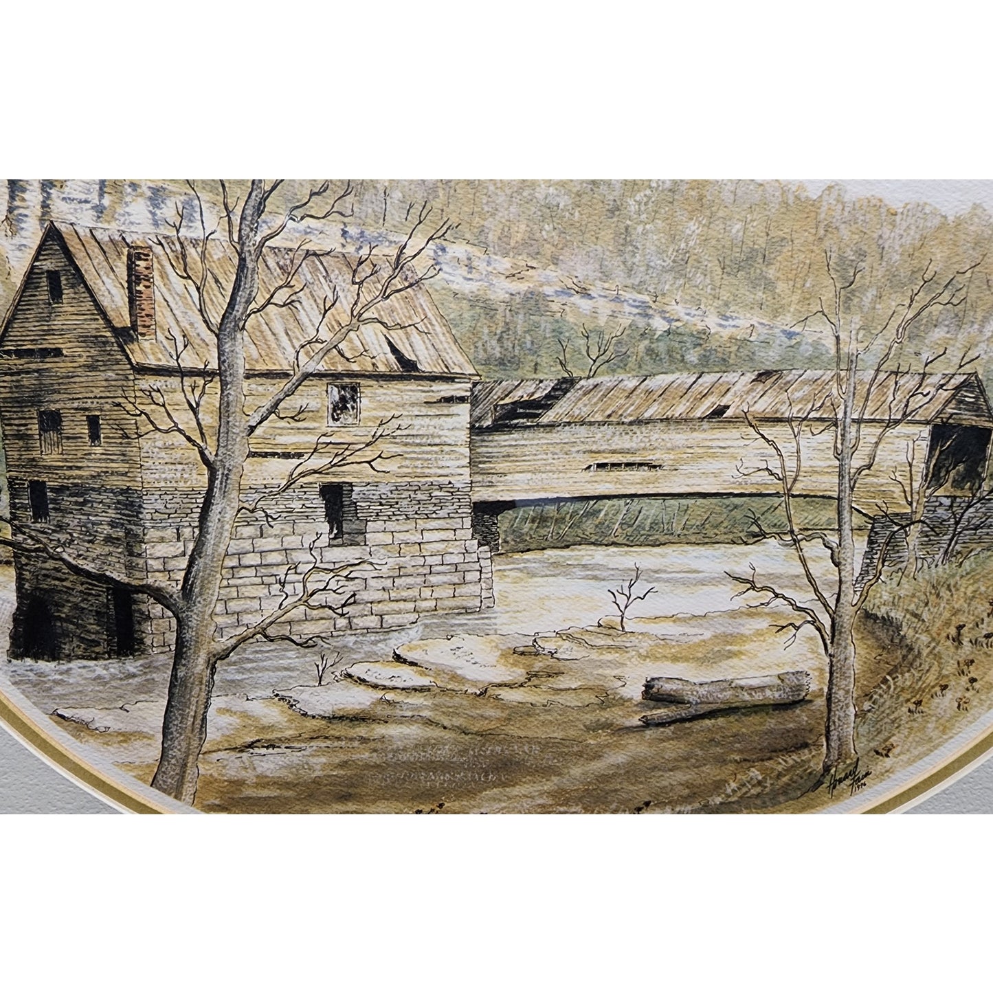 Vintage Howard Fain “King’s Mill” 1976 #291/500 Signed & Framed Print, Oval Matte