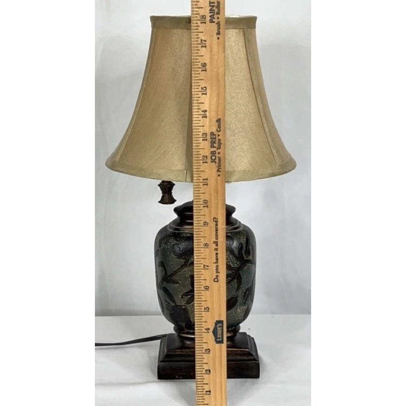 Vintage Ceramic Table Lamp Etched Floral w/ Shade & Ornate Pull Chain 18"