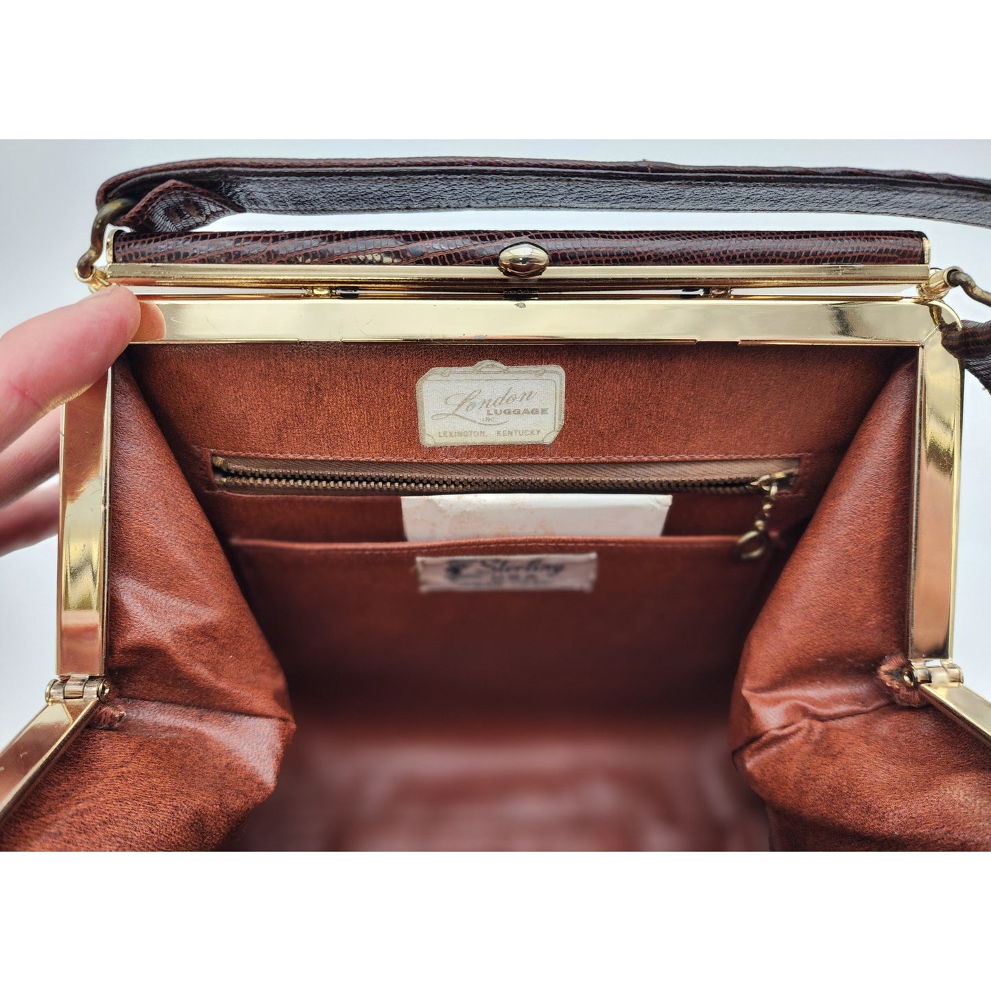 Sterling USA Genuine Lizard Handbag, Brass Accents, VTG London Luggage KY - Rare