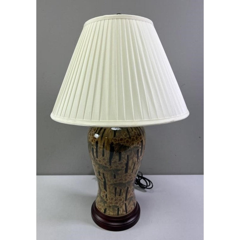 Asian Style Ceramic Table Lamp Bamboo Floral Motif 25”H w/ Shade & Wood Base