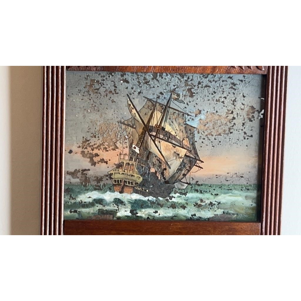 Antique Federal Mahogany Tabernacle Mirror w/ Mayflower Reverse Glass Painting