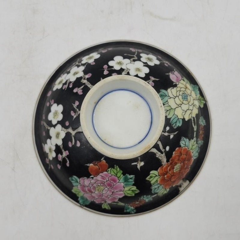 2 Vintage Chinese Famille Noire Porcelain Bowls & Vintage Nippon Two Piece Hand Painted Trinket Bowl