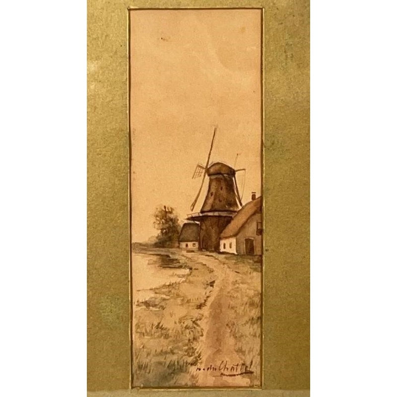 Antique F.J. Du Chattel Dutch Windmill Watercolor, Signed, Ornate Gold Frame