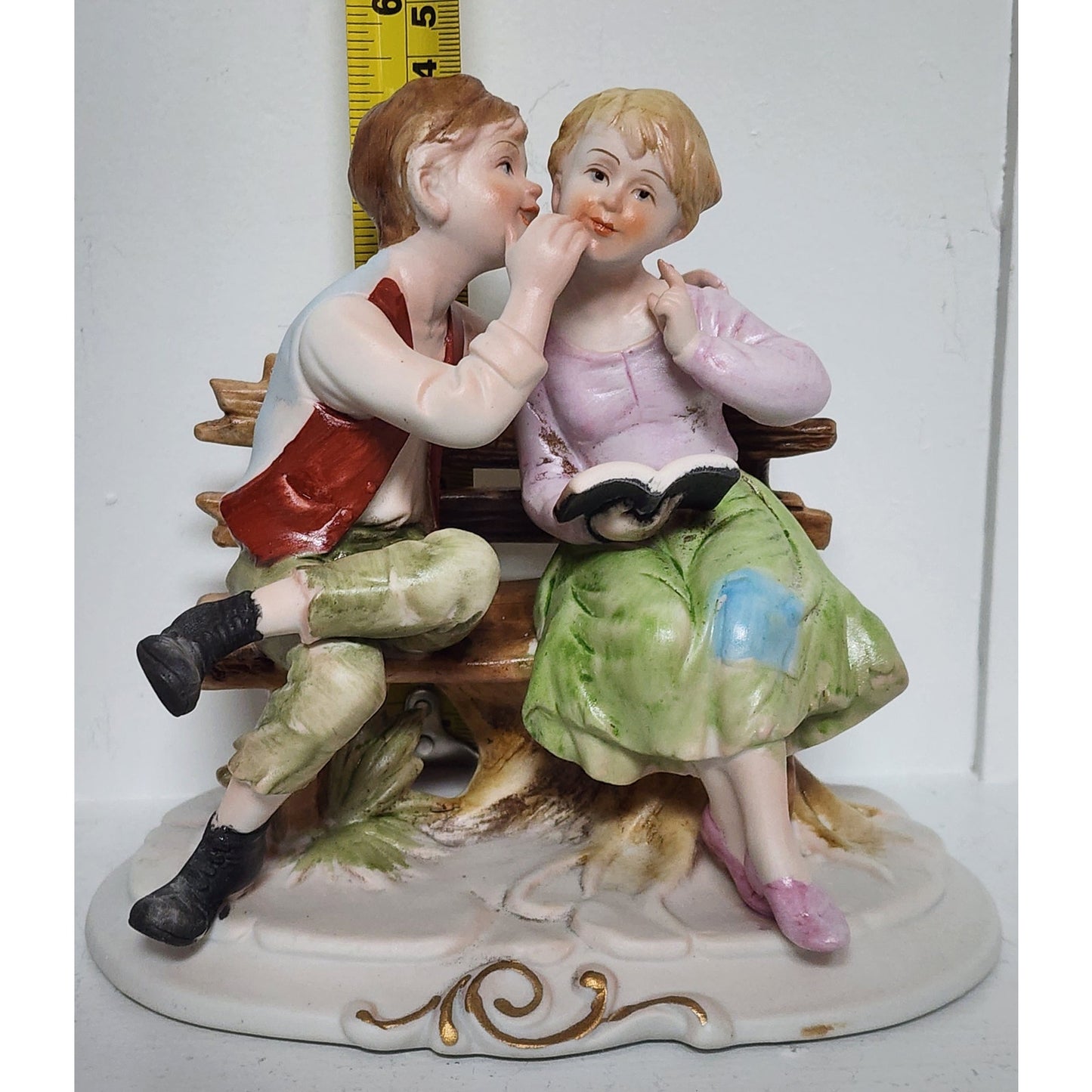 Vintage Boy Whispering to Girl On Bench Figurine Hand Painted on Bench 6"