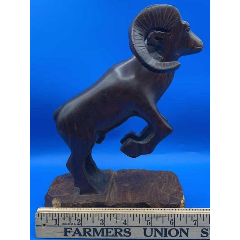 VTG Hand-Carved Solid Wood Ram Sculpture 9.75" Tall Heavy Folk Art Figurine