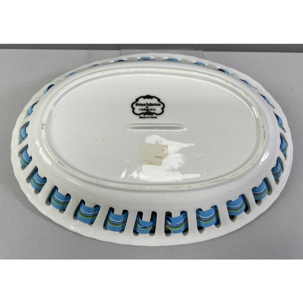 Godinger Antique Reflections Porcelain Ribbon Bowl Oval 12" Blue Strip