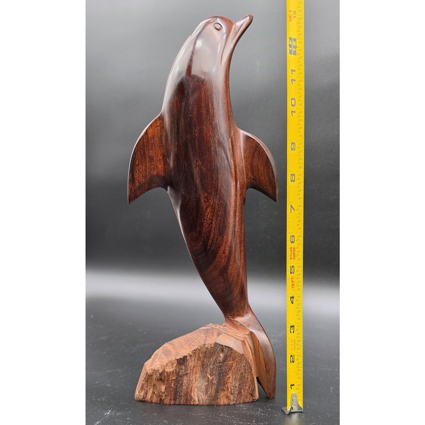 Vintage Hand‑Carved Hardwood Dolphin Statue 13.5" Polished One‑Piece Art