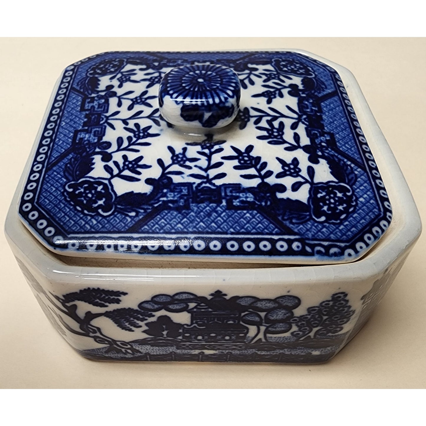 Vintage Moriyama Japan Blue Willow Covered Dish Porcelain Container Rare