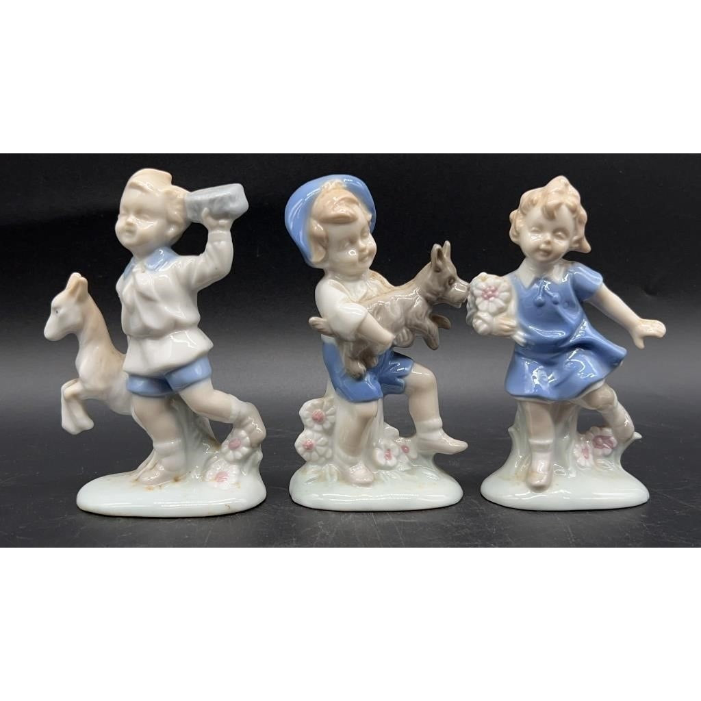 3 Vintage German Hand-Painted Ceramic Children Figurines 3.5×1×4.75″ Set