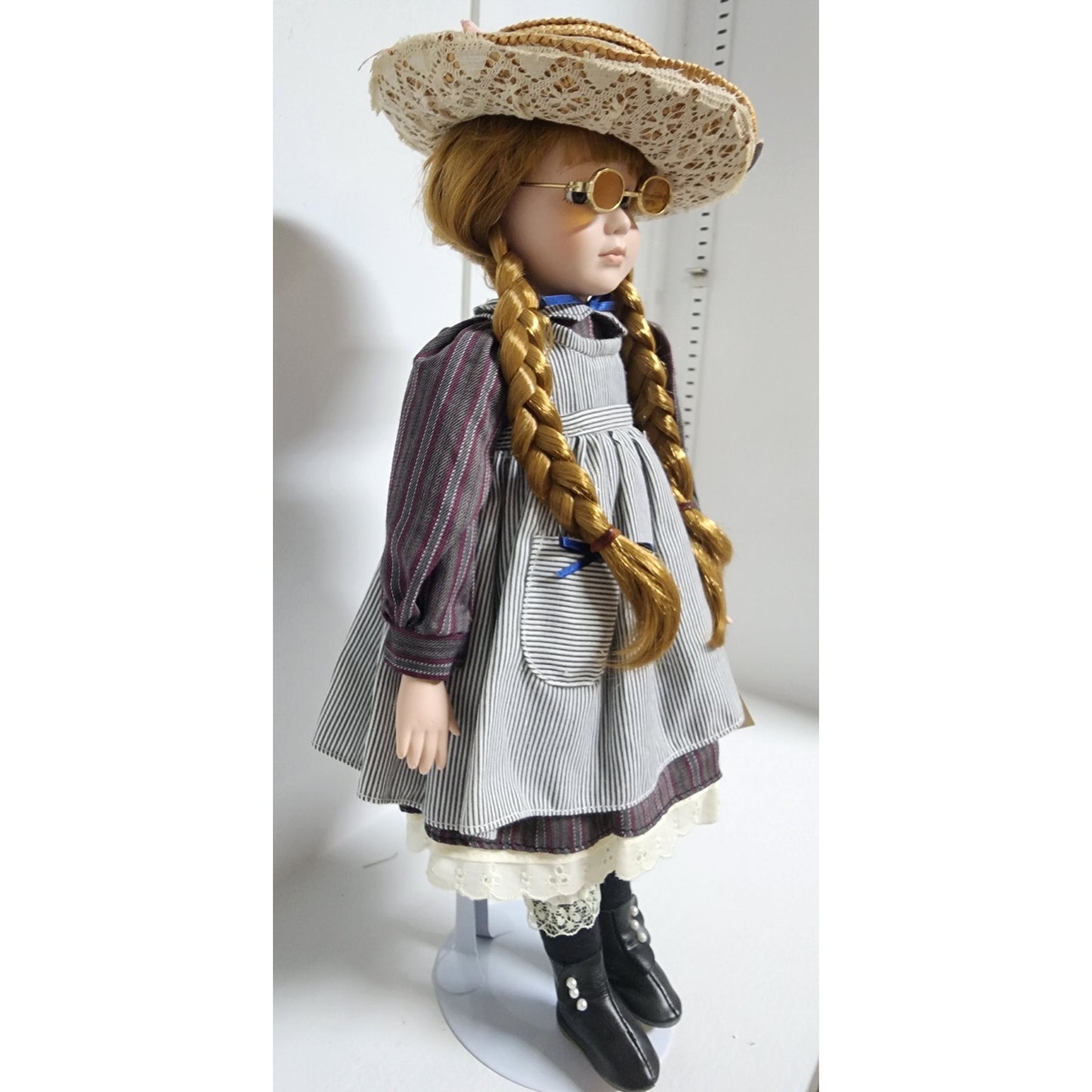 Vintage 1990s Tender Hearts Treasures “Laura” Porcelain Doll w/ Straw Hat & Glasses