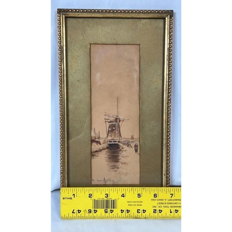 Antique Louis Apal Dutch Windmill Original Watercolor Gold Ornate Frame RARE