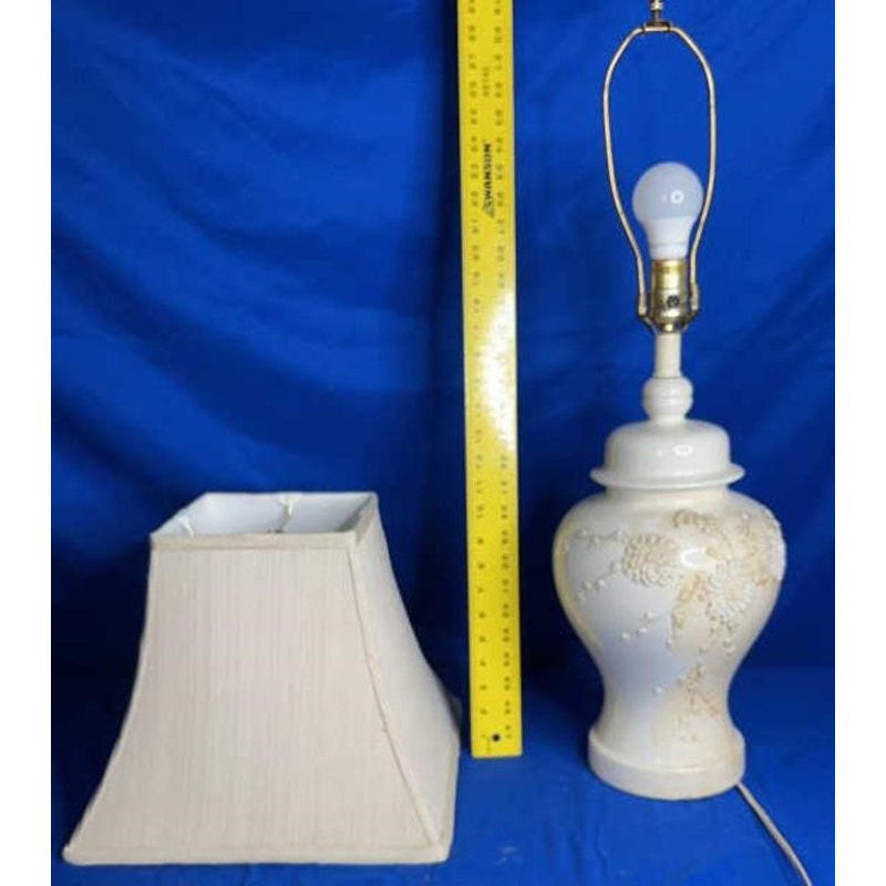 Vintage Ginger Jar Table Lamp w/ Floral Relief & Square Shade 28" Tall Works