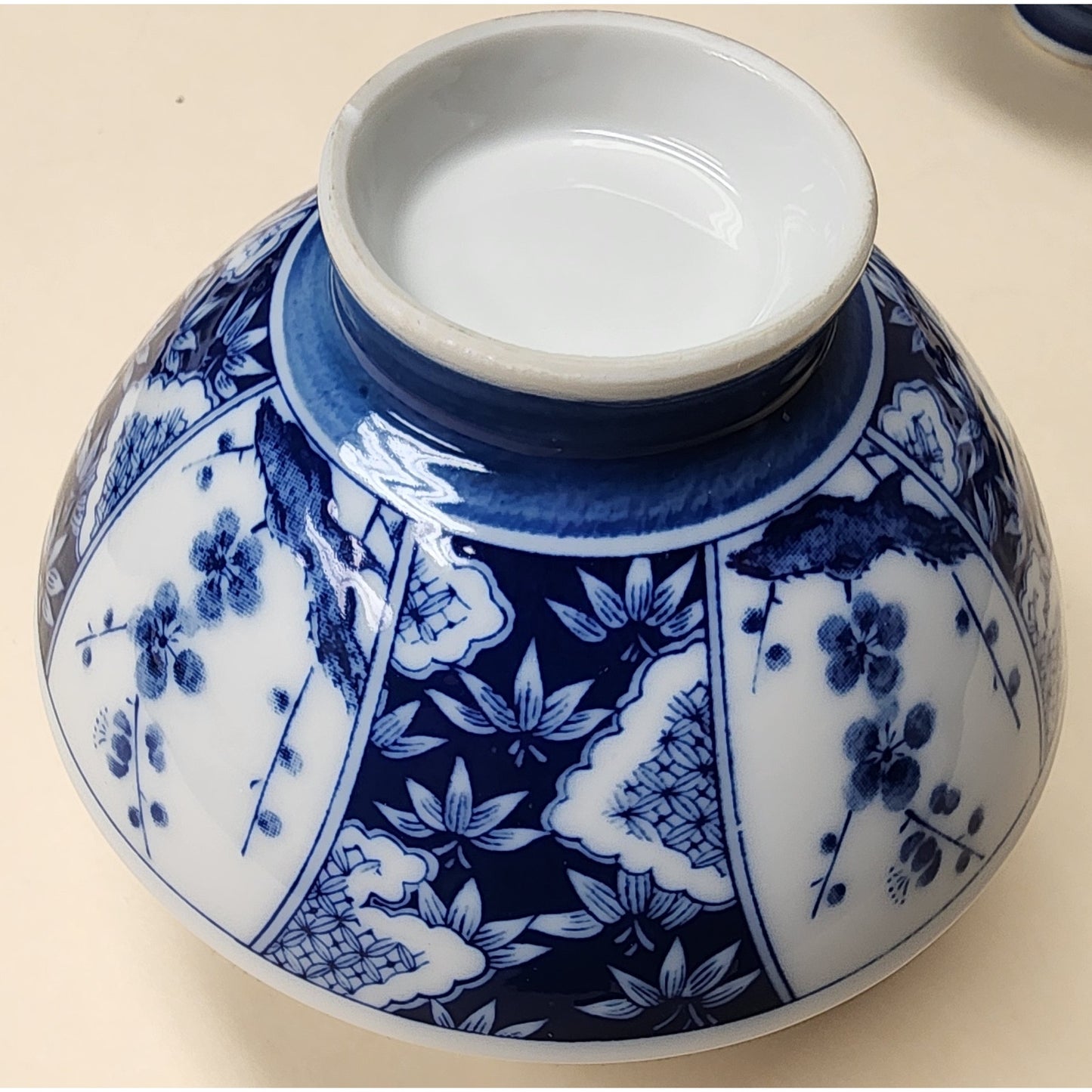 Set of 4 Vintage Japanese Porcelain Rice Bowls 4.75" Blue & White Patterns