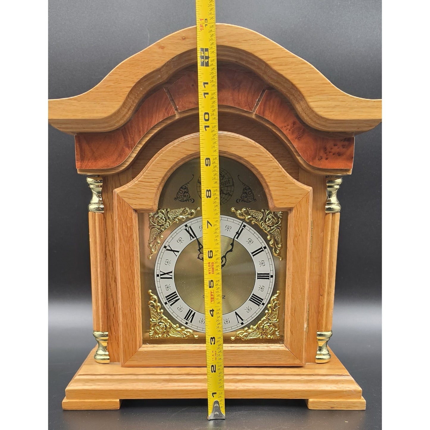 Vintage Tempus Fugit Quartz Mantle Clock Solid Wood & Brass 13" Works Perfectly