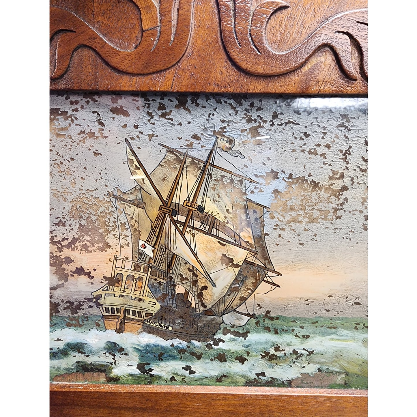 Antique Federal Mahogany Tabernacle Mirror w/ Mayflower Reverse Glass Painting