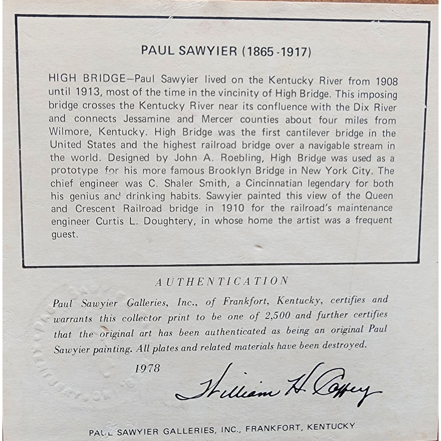 Paul Sawyier High Bridge 1978 Ltd Ed Framed Lithograph 24.5x18.75 COA