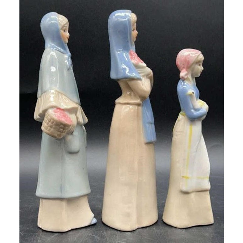 3 VTG Frankel Porcelain Lady Figurines Old Lady, Blue Scarf, & Duck Holder