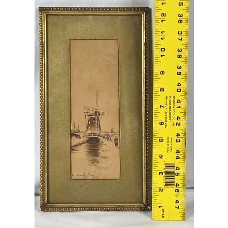 Antique Louis Apal Dutch Windmill Original Watercolor Gold Ornate Frame RARE