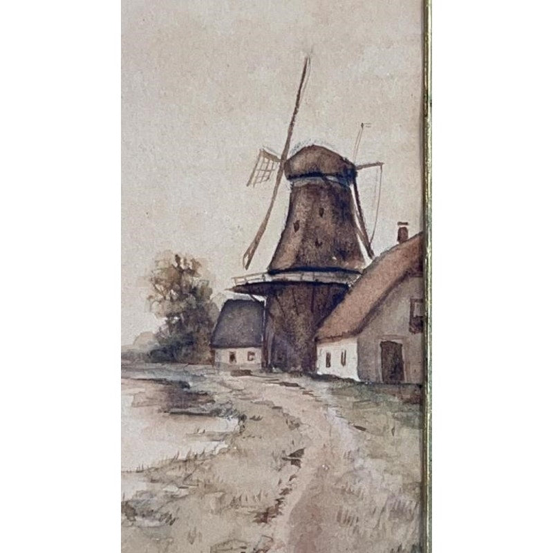 Antique F.J. Du Chattel Dutch Windmill Watercolor, Signed, Ornate Gold Frame
