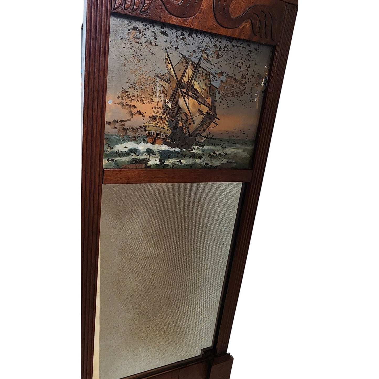 Antique Federal Mahogany Tabernacle Mirror w/ Mayflower Reverse Glass Painting