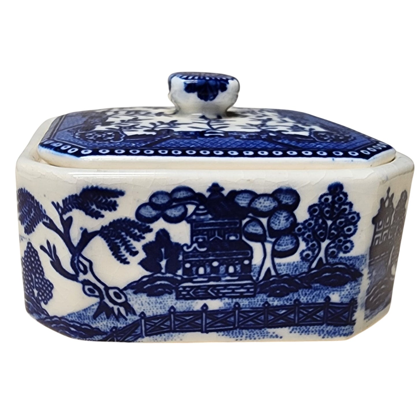 Vintage Moriyama Japan Blue Willow Covered Dish Porcelain Container Rare