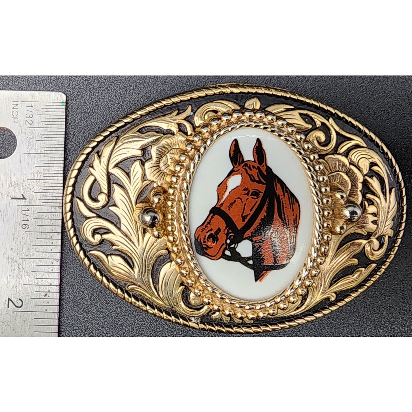 Vintage Brass Horse Head Belt Buckle with Porcelain Cameo 3.25" Western