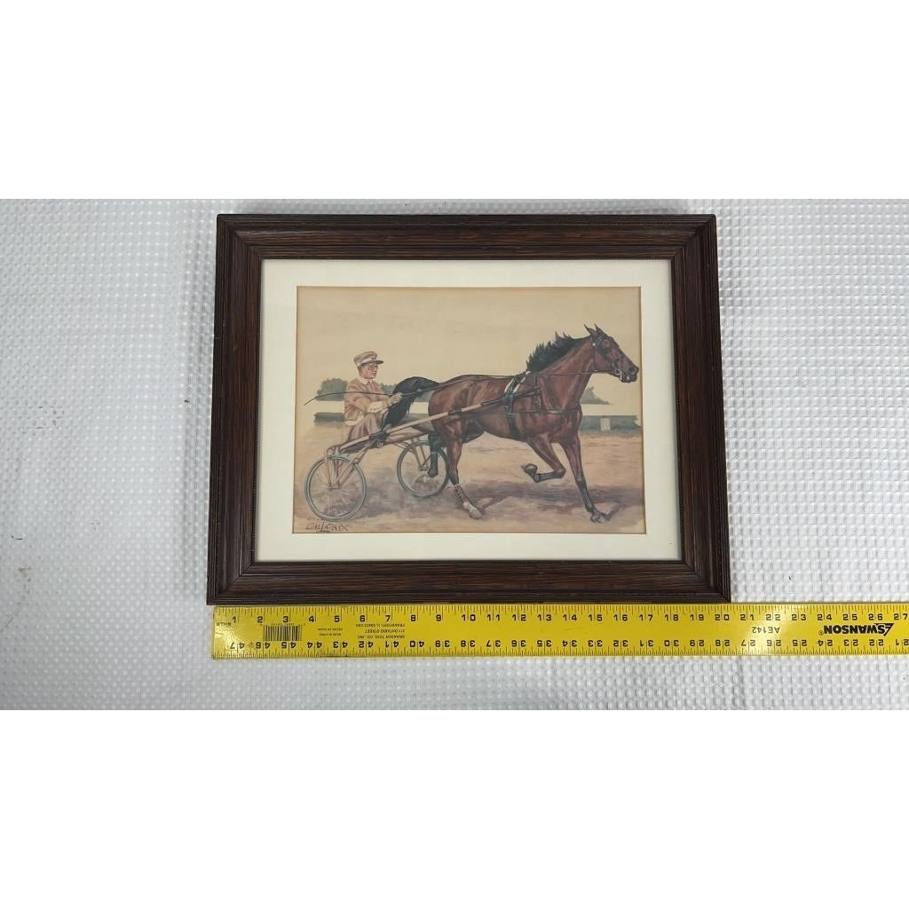 VTG Ole Larsen Original Watercolor Horse & Sulky Racing Scene, Signed & Framed