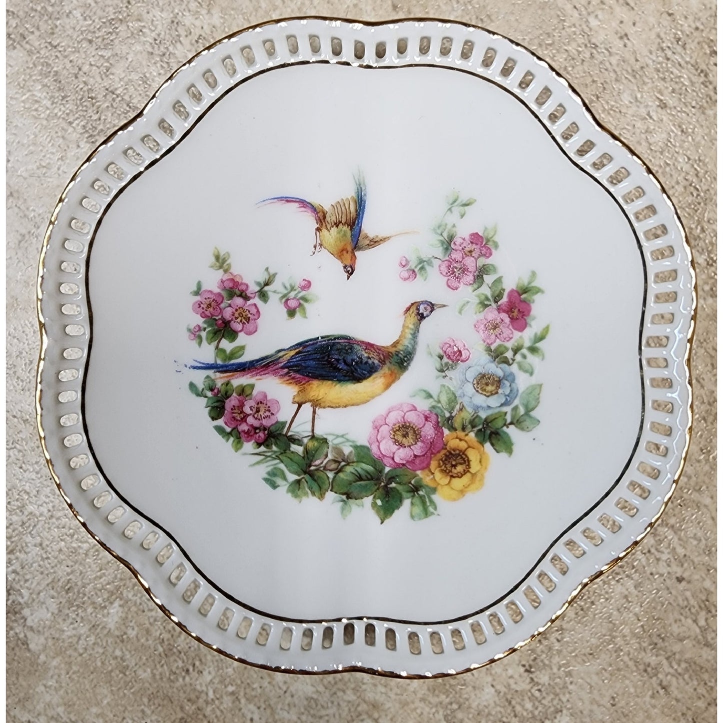 Bavaria Schumann Bird Plates w/ Gold Rim & Lattice Edge – Pair, 5.5" Diameter