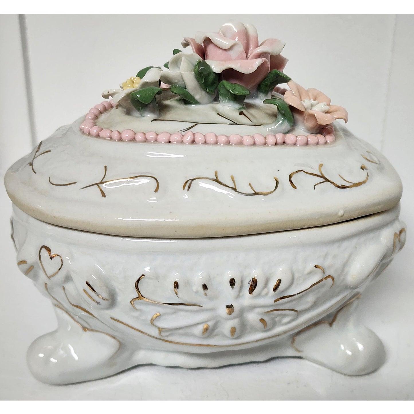 Vintage Porcelain Heart Trinket Box w/ Floral Bouquet & 22K Gold Detailing