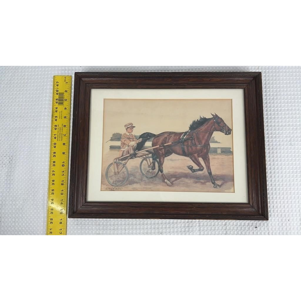 VTG Ole Larsen Original Watercolor Horse & Sulky Racing Scene, Signed & Framed