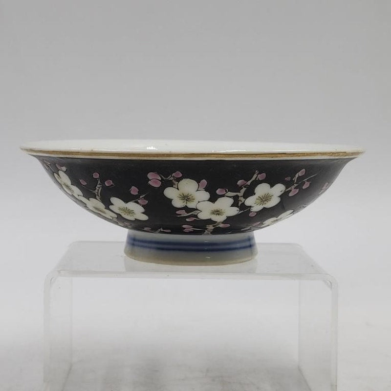 2 Vintage Chinese Famille Noire Porcelain Bowls & Vintage Nippon Two Piece Hand Painted Trinket Bowl