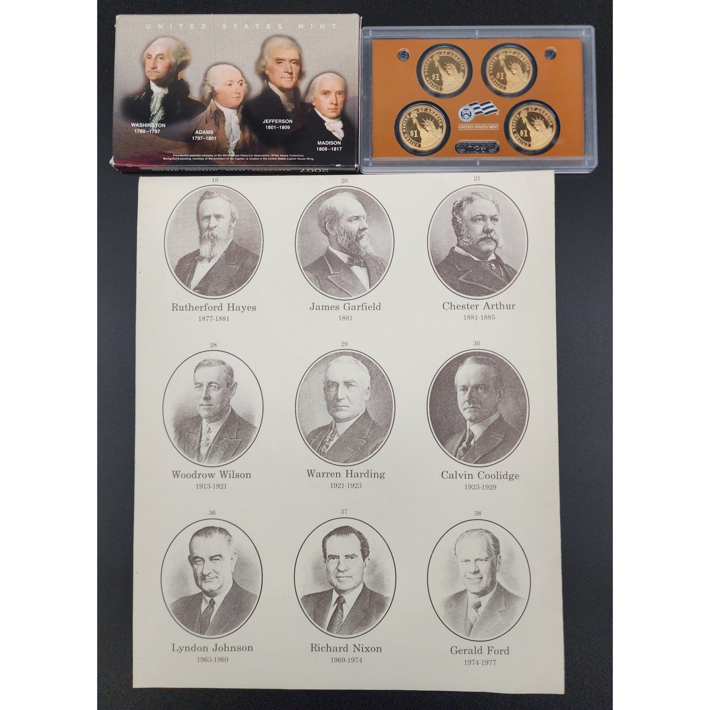 2007 Presidential US Mint $1 Proof Set + 1989 Mini Page Presidents Foldout Bundle