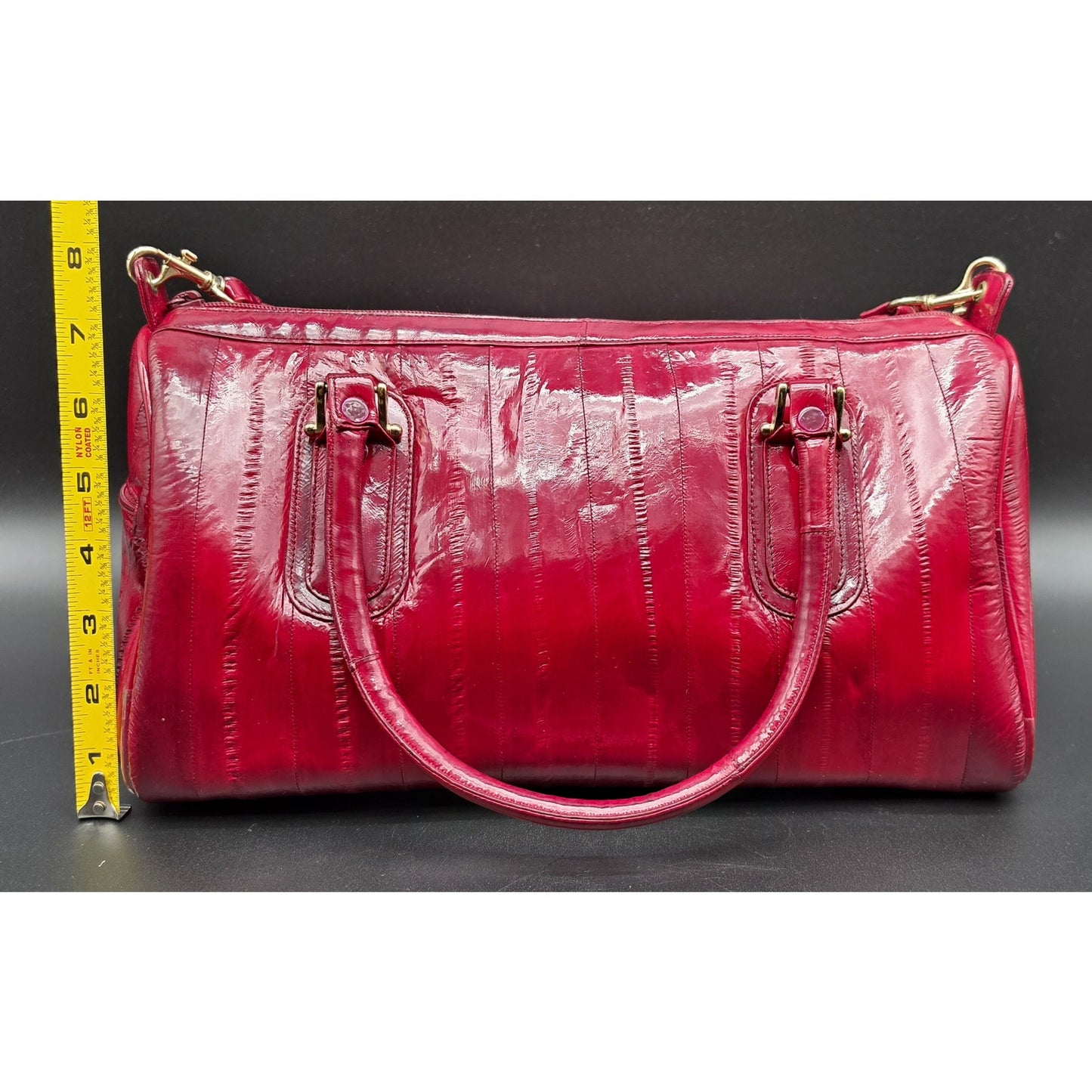 Vintage Genuine Eel Skin Burgundy Handbag Korea w/ Strap & Brass Hardware