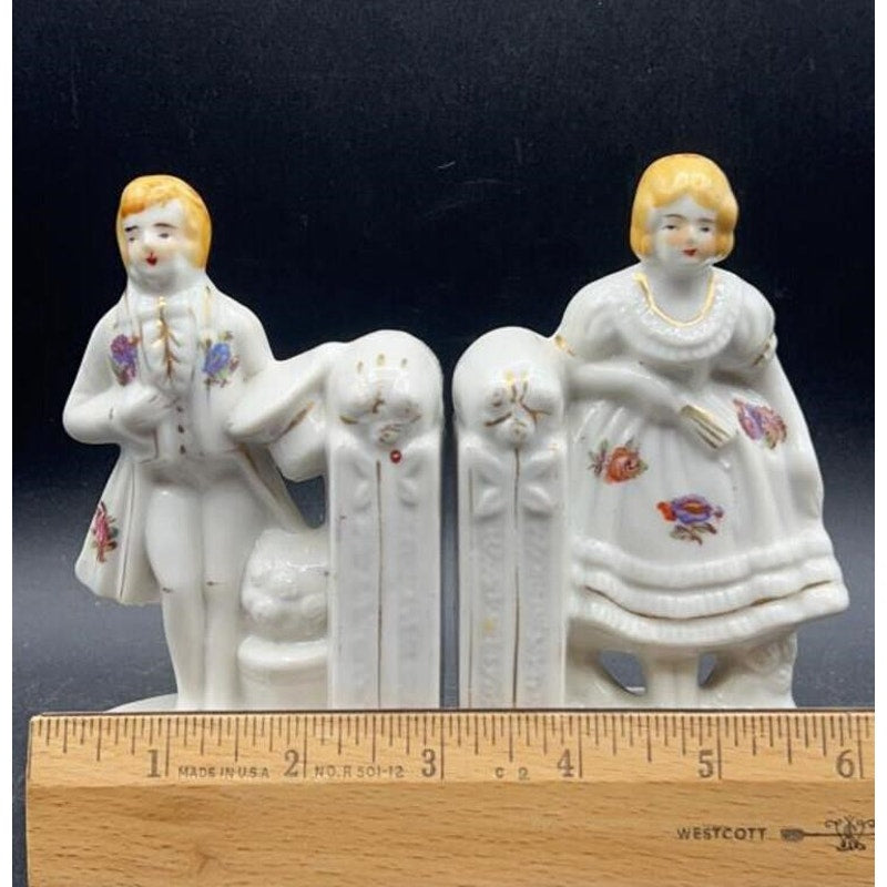 VTG Japanese Porcelain Colonial Man & Woman Bookends Hand-painted; 22K Gold Accent 5.25"