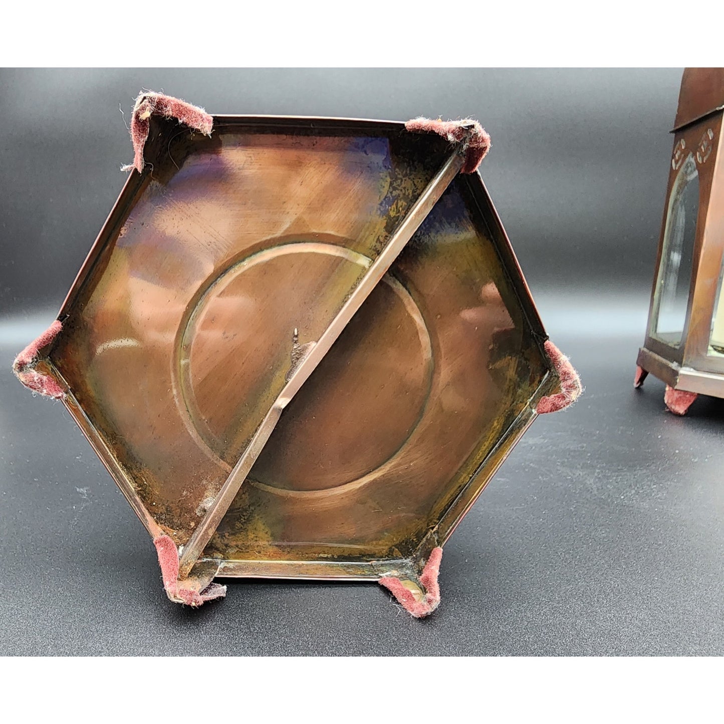 Pair Bronze Hexagon Metal Candle Lanterns w/ Glass Panels & Candles 18.5"