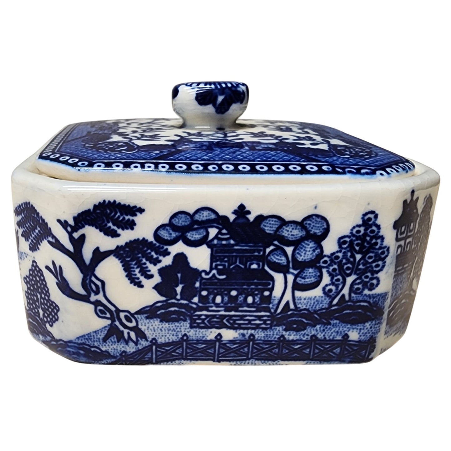 Vintage Moriyama Japan Blue Willow Covered Dish Porcelain Container Rare