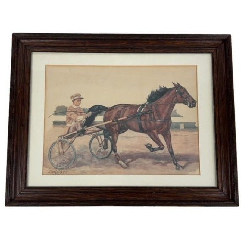 VTG Ole Larsen Original Watercolor Horse & Sulky Racing Scene, Signed & Framed