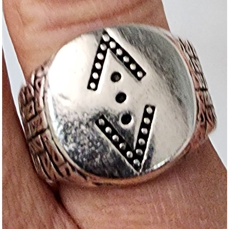 Silver Tone Geometric Ring Size 10.5 with Black Symbolic Design