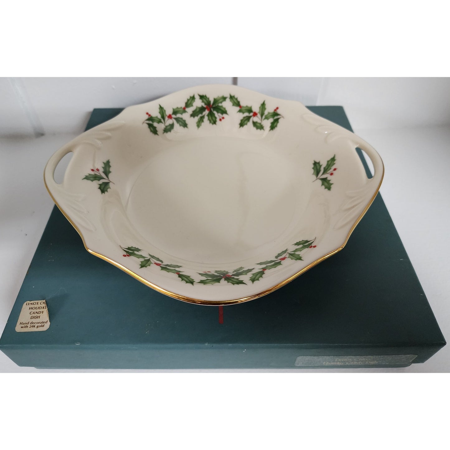 Lenox Holiday Candy Dish 24K Gold Trim Scalloped Rim w/ Box Vintage Christmas