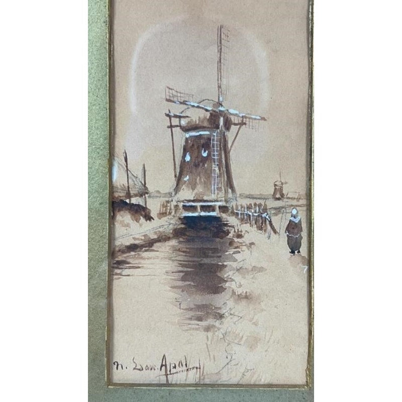 Antique Louis Apal Dutch Windmill Original Watercolor Gold Ornate Frame RARE