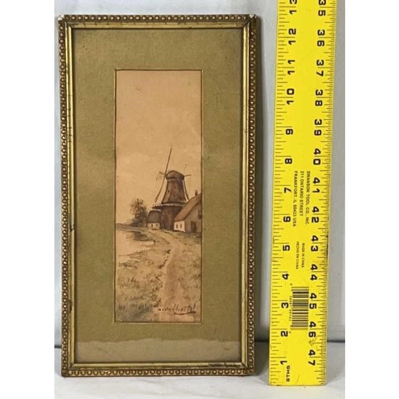 Antique F.J. Du Chattel Dutch Windmill Watercolor, Signed, Ornate Gold Frame