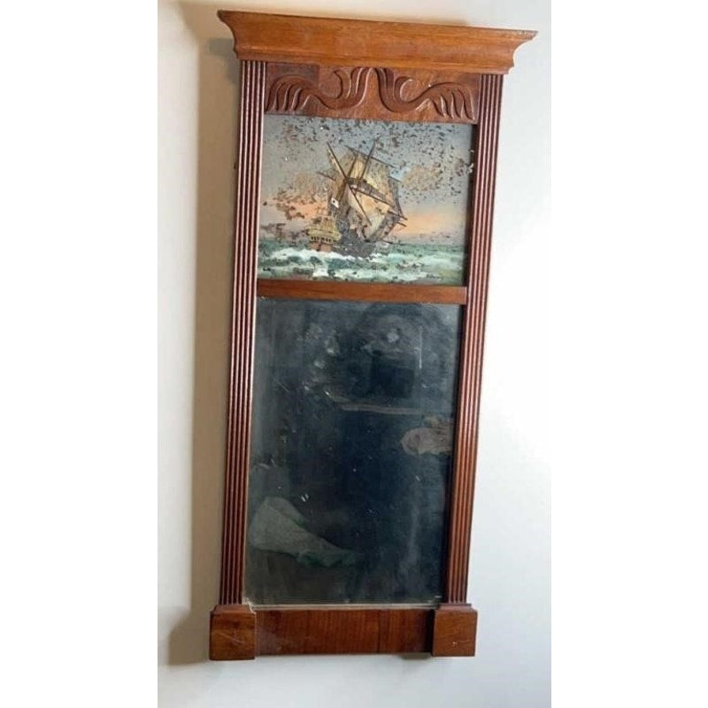 Antique Federal Mahogany Tabernacle Mirror w/ Mayflower Reverse Glass Painting