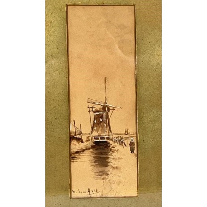 Antique Louis Apal Dutch Windmill Original Watercolor Gold Ornate Frame RARE