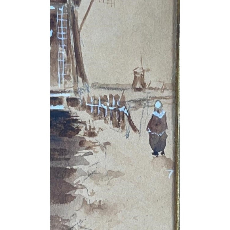 Antique Louis Apal Dutch Windmill Original Watercolor Gold Ornate Frame RARE