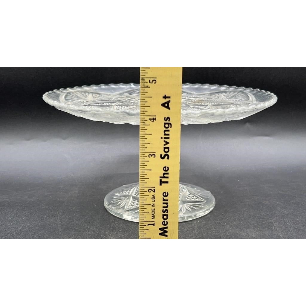 VTG Pressed Glass Pedestal Cake Stand 8.25" Scalloped Edge Starburst Design