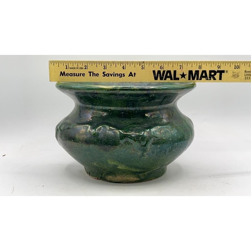 VTG Green Glazed Pottery Spittoon Vine & Floral Pattern 7.5" x 5"