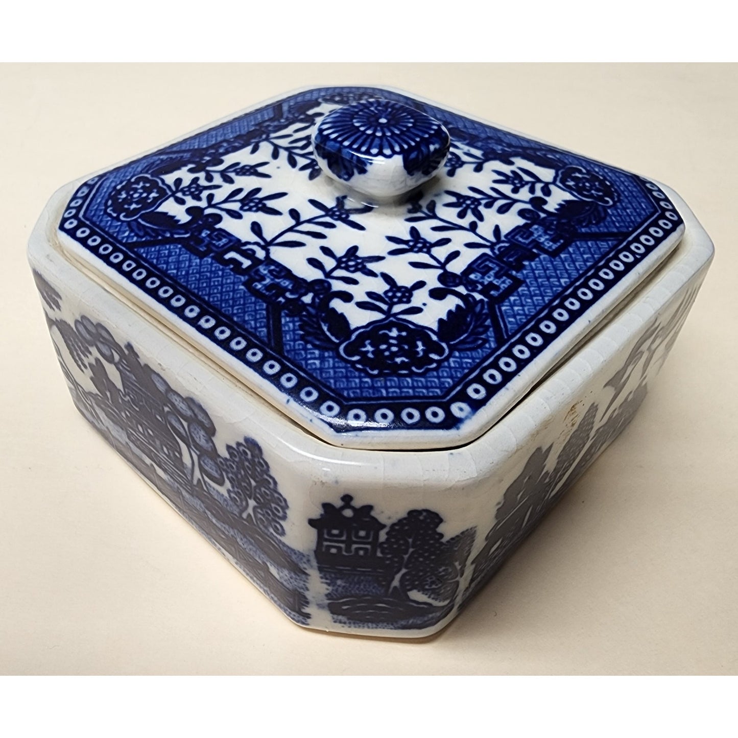 Vintage Moriyama Japan Blue Willow Covered Dish Porcelain Container Rare