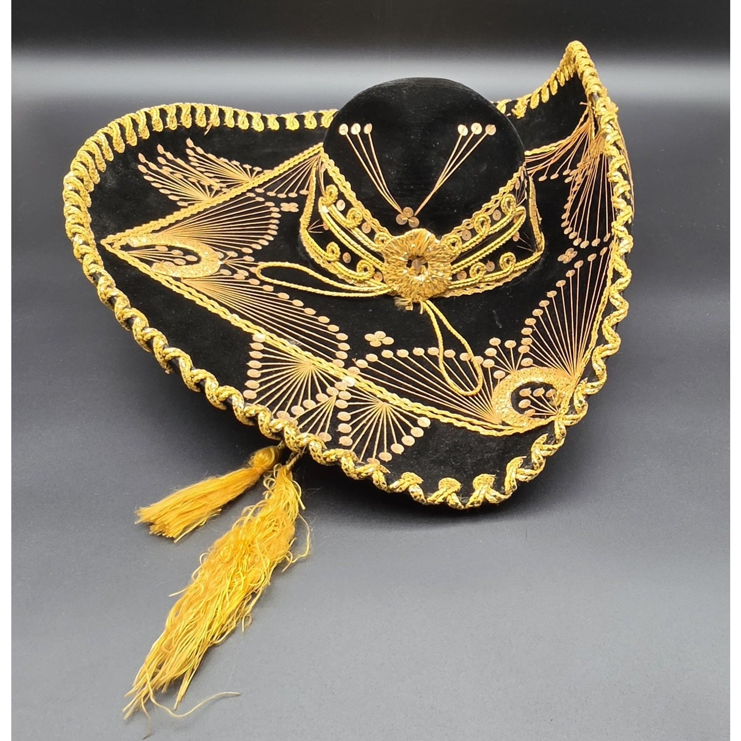Authentic Vintage Mexican Sombrero Black Felt Gold Emb Sequin Detail 24x18x7.25